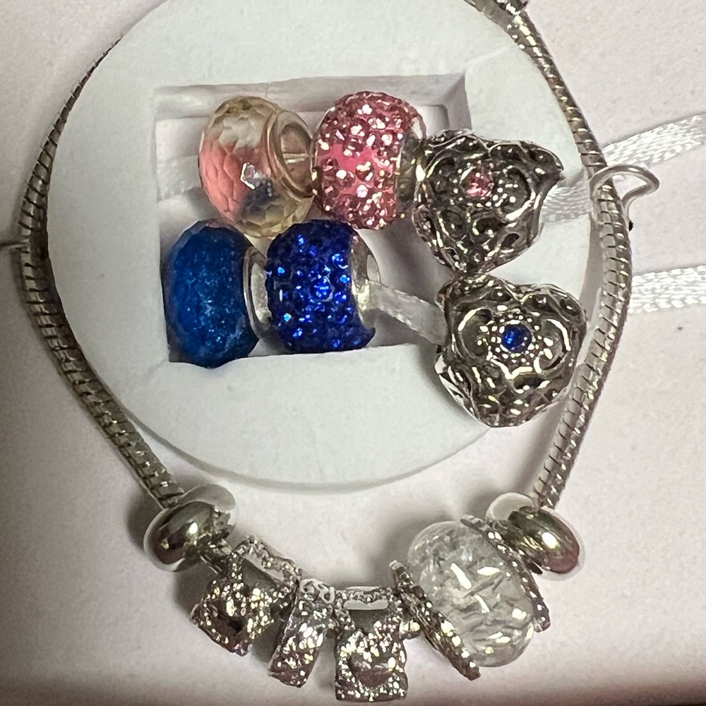 Elegant Silver Tone Charm Bracelet with Pink and Blue Beads